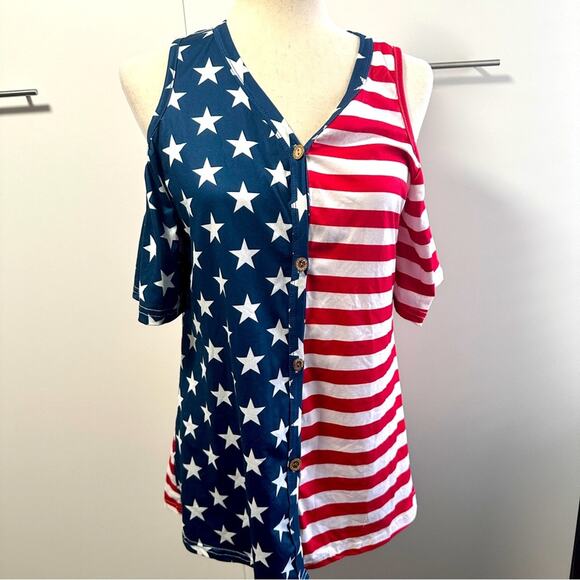 Spadehill Size S Cold Shoulder Button Down Top Stretch Stars Stripes America USA - Picture 4 of 13